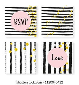 Wedding invitation set with glitter confetti and stripes. Gold hearts and dots on black and white background. Design with wedding invitation set for party, event, bridal shower, save the date card.