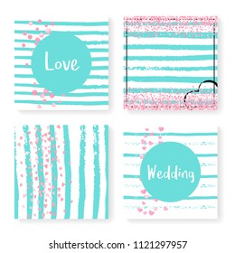 Wedding invitation set with glitter confetti and stripes. Pink hearts and dots on mint and white background. Template with wedding invitation set for party, event, bridal shower, save the date card.