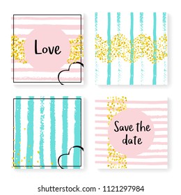 Wedding invitation set with glitter confetti and stripes. Gold hearts and dots on pink and mint background. Design with wedding invitation set for party, event, bridal shower, save the date card.