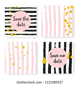 Wedding invitation set with glitter confetti and stripes. Gold hearts and dots on black and pink background. Template with wedding invitation set for party, event, bridal shower, save the date card.