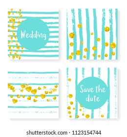 Wedding invitation set with glitter confetti and stripes. Gold hearts and dots on mint and white background. Template with wedding invitation set for party, event, bridal shower, save the date card.