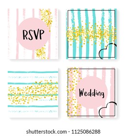 Wedding invitation set with glitter confetti and stripes. Gold hearts and dots on pink and mint background. Design with wedding invitation set for party, event, bridal shower, save the date card.