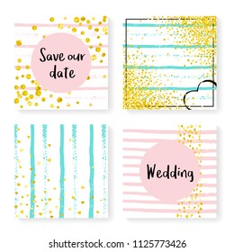 Wedding invitation set with glitter confetti and stripes. Gold hearts and dots on pink and mint background. Template with wedding invitation set for party, event, bridal shower, save the date card.