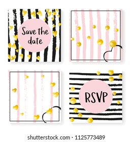Wedding invitation set with glitter confetti and stripes. Gold hearts and dots on black and pink background. Template with wedding invitation set for party, event, bridal shower, save the date card.