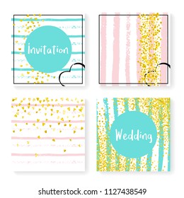 Wedding invitation set with glitter confetti and stripes. Gold hearts and dots on pink and mint background. Template with wedding invitation set for party, event, bridal shower, save the date card.
