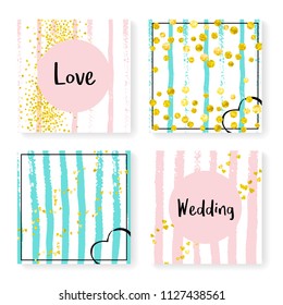 Wedding invitation set with glitter confetti and stripes. Gold hearts and dots on pink and mint background. Template with wedding invitation set for party, event, bridal shower, save the date card.