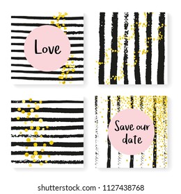Wedding invitation set with glitter confetti and stripes. Gold hearts and dots on black and white background. Design with wedding invitation set for party, event, bridal shower, save the date card.