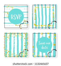 Wedding invitation set with glitter confetti and stripes. Gold hearts and dots on mint and white background. Template with wedding invitation set for party, event, bridal shower, save the date card.