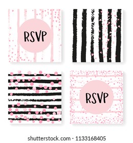 Wedding invitation set with glitter confetti and stripes. Pink hearts and dots on black and pink background. Design with wedding invitation set for party, event, bridal shower, save the date card.