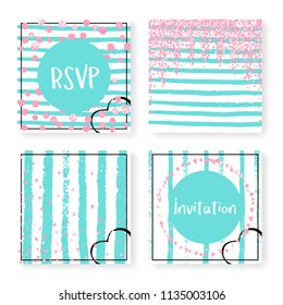 Wedding invitation set with glitter confetti and stripes. Pink hearts and dots on mint and white background. Design with wedding invitation set for party, event, bridal shower, save the date card.