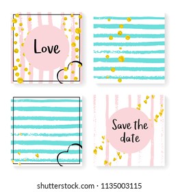Wedding invitation set with glitter confetti and stripes. Gold hearts and dots on pink and mint background. Template with wedding invitation set for party, event, bridal shower, save the date card.