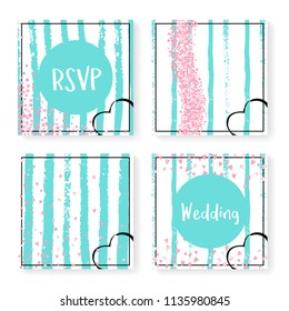 Wedding invitation set with glitter confetti and stripes. Pink hearts and dots on mint and white background. Design with wedding invitation set for party, event, bridal shower, save the date card.