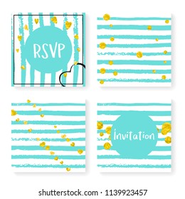 Wedding invitation set with glitter confetti and stripes. Gold hearts and dots on mint and white background. Template with wedding invitation set for party, event, bridal shower, save the date card.
