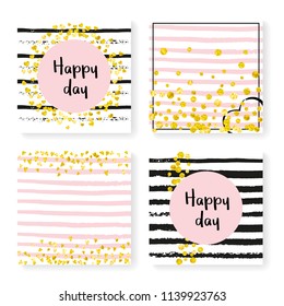 Wedding invitation set with glitter confetti and stripes. Gold hearts and dots on black and pink background. Design with wedding invitation set for party, event, bridal shower, save the date card.