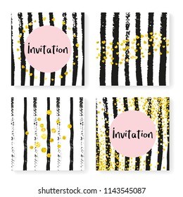 Wedding invitation set with glitter confetti and stripes. Gold hearts and dots on black and white background. Design with wedding invitation set for party, event, bridal shower, save the date card.