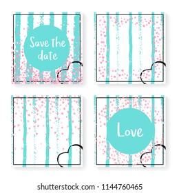 Wedding invitation set with glitter confetti and stripes. Pink hearts and dots on mint and white background. Design with wedding invitation set for party, event, bridal shower, save the date card.