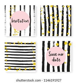 Wedding invitation set with glitter confetti and stripes. Gold hearts and dots on black and white background. Design with wedding invitation set for party, event, bridal shower, save the date card.