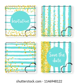 Wedding invitation set with glitter confetti and stripes. Gold hearts and dots on mint and white background. Template with wedding invitation set for party, event, bridal shower, save the date card.