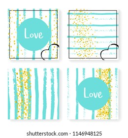 Wedding invitation set with glitter confetti and stripes. Gold hearts and dots on mint and white background. Template with wedding invitation set for party, event, bridal shower, save the date card.