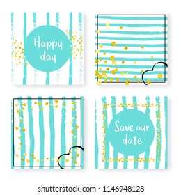 Wedding invitation set with glitter confetti and stripes. Gold hearts and dots on mint and white background. Template with wedding invitation set for party, event, bridal shower, save the date card.