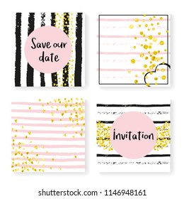 Wedding invitation set with glitter confetti and stripes. Gold hearts and dots on black and pink background. Design with wedding invitation set for party, event, bridal shower, save the date card.