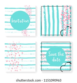 Wedding invitation set with glitter confetti and stripes. Pink hearts and dots on mint and white background. Design with wedding invitation set for party, event, bridal shower, save the date card.