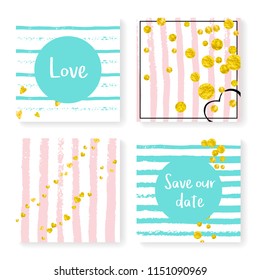 Wedding invitation set with glitter confetti and stripes. Gold hearts and dots on pink and mint background. Design with wedding invitation set for party, event, bridal shower, save the date card.
