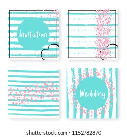 Wedding invitation set with glitter confetti and stripes. Pink hearts and dots on mint and white background. Template with wedding invitation set for party, event, bridal shower, save the date card.
