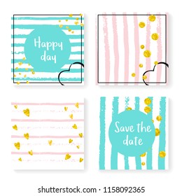 Wedding invitation set with glitter confetti and stripes. Gold hearts and dots on pink and mint background. Template with wedding invitation set for party, event, bridal shower, save the date card.