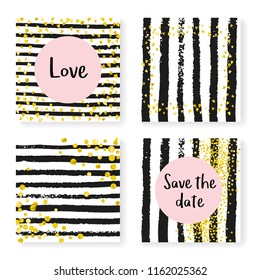 Wedding invitation set with glitter confetti and stripes. Gold hearts and dots on black and white background. Design with wedding invitation set for party, event, bridal shower, save the date card.