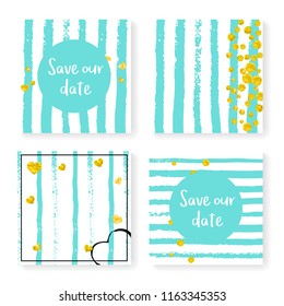 Wedding invitation set with glitter confetti and stripes. Gold hearts and dots on mint and white background. Design with wedding invitation set for party, event, bridal shower, save the date card.