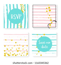 Wedding invitation set with glitter confetti and stripes. Gold hearts and dots on pink and mint background. Template with wedding invitation set for party, event, bridal shower, save the date card.