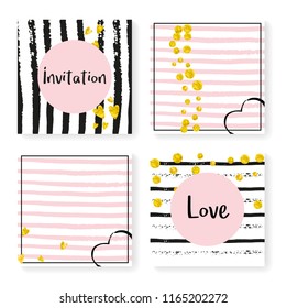 Wedding invitation set with glitter confetti and stripes. Gold hearts and dots on black and pink background. Template with wedding invitation set for party, event, bridal shower, save the date card.