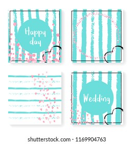 Wedding invitation set with glitter confetti and stripes. Pink hearts and dots on mint and white background. Design with wedding invitation set for party, event, bridal shower, save the date card.
