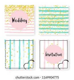 Wedding invitation set with glitter confetti and stripes. Gold hearts and dots on pink and mint background. Design with wedding invitation set for party, event, bridal shower, save the date card.