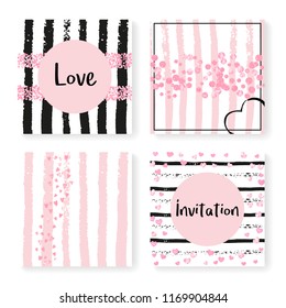 Wedding invitation set with glitter confetti and stripes. Pink hearts and dots on black and pink background. Design with wedding invitation set for party, event, bridal shower, save the date card.