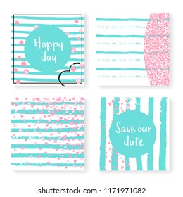 Wedding invitation set with glitter confetti and stripes. Pink hearts and dots on mint and white background. Design with wedding invitation set for party, event, bridal shower, save the date card.