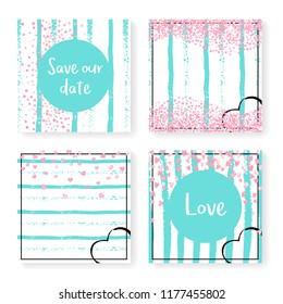 Wedding invitation set with glitter confetti and stripes. Pink hearts and dots on mint and white background. Design with wedding invitation set for party, event, bridal shower, save the date card.