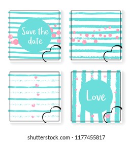Wedding invitation set with glitter confetti and stripes. Pink hearts and dots on mint and white background. Design with wedding invitation set for party, event, bridal shower, save the date card.
