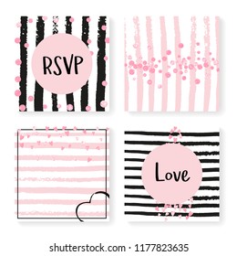 Wedding invitation set with glitter confetti and stripes. Pink hearts and dots on black and pink background. Template with wedding invitation set for party, event, bridal shower, save the date card.