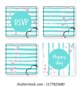 Wedding invitation set with glitter confetti and stripes. Pink hearts and dots on mint and white background. Template with wedding invitation set for party, event, bridal shower, save the date card.