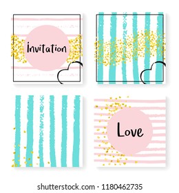 Wedding invitation set with glitter confetti and stripes. Gold hearts and dots on pink and mint background. Design with wedding invitation set for party, event, bridal shower, save the date card.