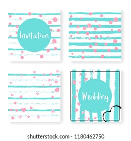 Wedding invitation set with glitter confetti and stripes. Pink hearts and dots on mint and white background. Design with wedding invitation set for party, event, bridal shower, save the date card.