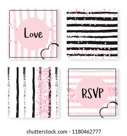 Wedding invitation set with glitter confetti and stripes. Pink hearts and dots on black and pink background. Template with wedding invitation set for party, event, bridal shower, save the date card.
