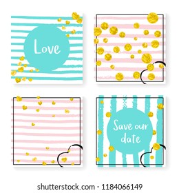 Wedding invitation set with glitter confetti and stripes. Gold hearts and dots on pink and mint background. Design with wedding invitation set for party, event, bridal shower, save the date card.