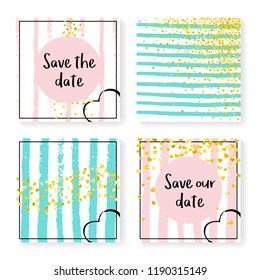 Wedding invitation set with glitter confetti and stripes. Gold hearts and dots on pink and mint background. Template with wedding invitation set for party, event, bridal shower, save the date card.