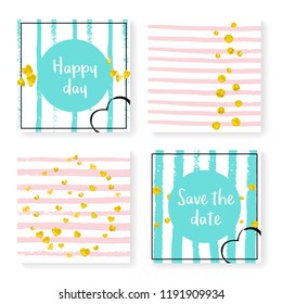 Wedding invitation set with glitter confetti and stripes. Gold hearts and dots on pink and mint background. Template with wedding invitation set for party, event, bridal shower, save the date card.