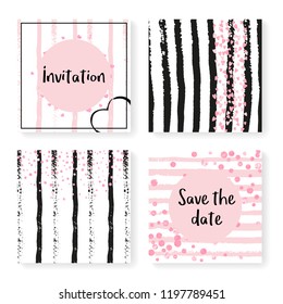 Wedding invitation set with glitter confetti and stripes. Pink hearts and dots on black and pink background. Template with wedding invitation set for party, event, bridal shower, save the date card.