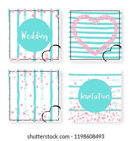Wedding invitation set with glitter confetti and stripes. Pink hearts and dots on mint and white background. Design with wedding invitation set for party, event, bridal shower, save the date card.