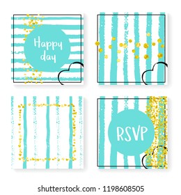 Wedding invitation set with glitter confetti and stripes. Gold hearts and dots on mint and white background. Template with wedding invitation set for party, event, bridal shower, save the date card.